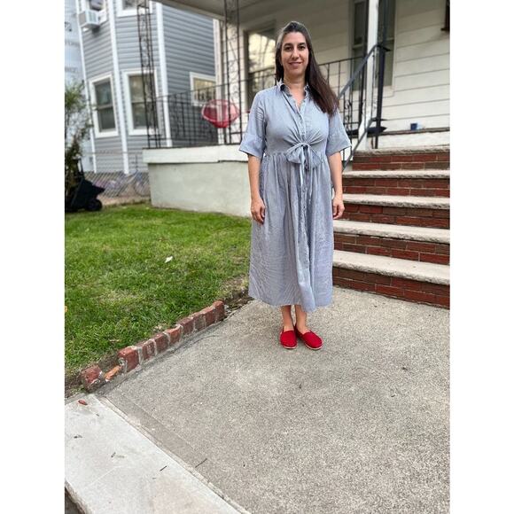 ADAM LIPPES x RTR Blue White Striped Front Button Collared Waist Tie Dress 8 - Picture 11 of 13